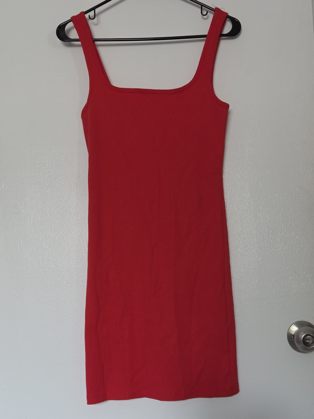 Bershka Red Ribbed Square-Neck Mini Dress